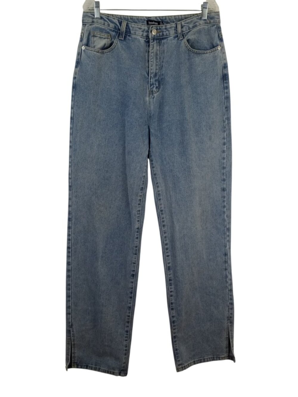 Boohoo Split Hem Jeans Light Wash Blue Denim High Rise Straight Leg Womens 12